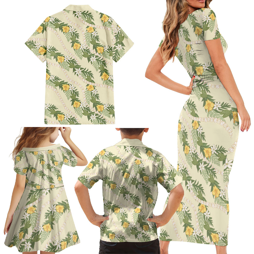 Hawaiian Pikake Maile Lei Family Matching Short Sleeve Bodycon Dress and Hawaiian Shirt Tiare Hibiscus Kalo Palapalai Leaf Beige
