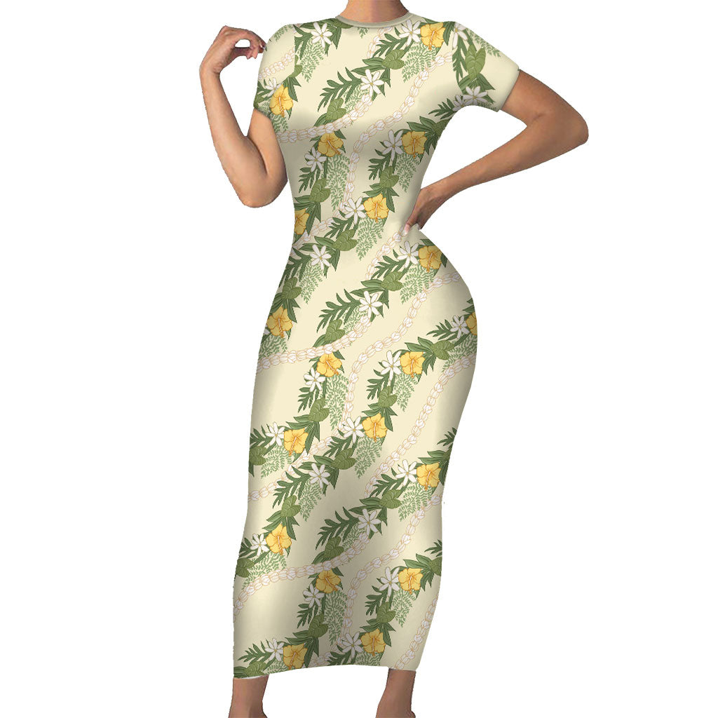 Hawaiian Pikake Maile Lei Family Matching Short Sleeve Bodycon Dress and Hawaiian Shirt Tiare Hibiscus Kalo Palapalai Leaf Beige