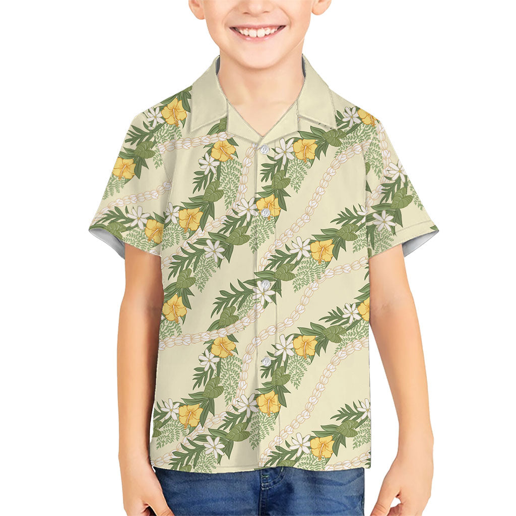 Hawaiian Pikake Maile Lei Family Matching Short Sleeve Bodycon Dress and Hawaiian Shirt Tiare Hibiscus Kalo Palapalai Leaf Beige
