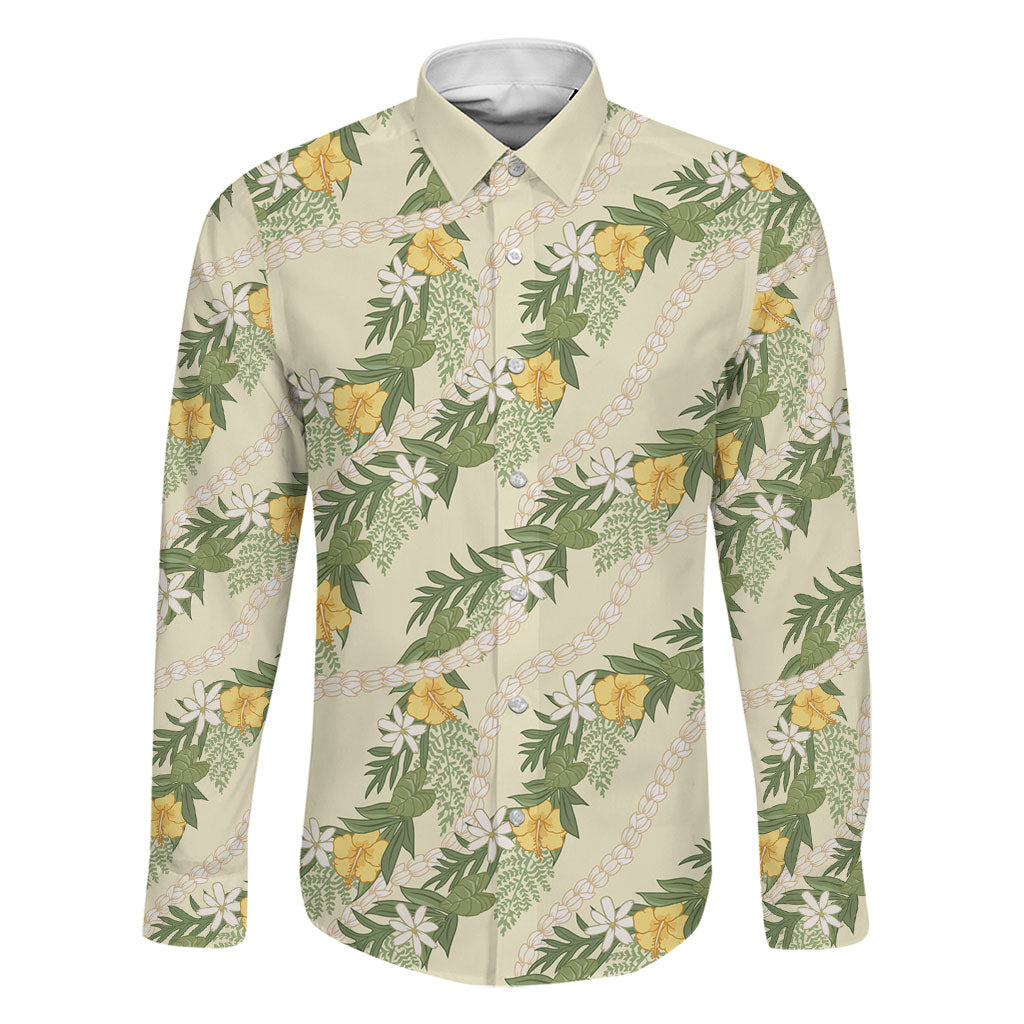 Hawaiian Pikake Maile Lei Family Matching Summer Maxi Dress and Hawaiian Shirt Tiare Hibiscus Kalo Palapalai Leaf Beige
