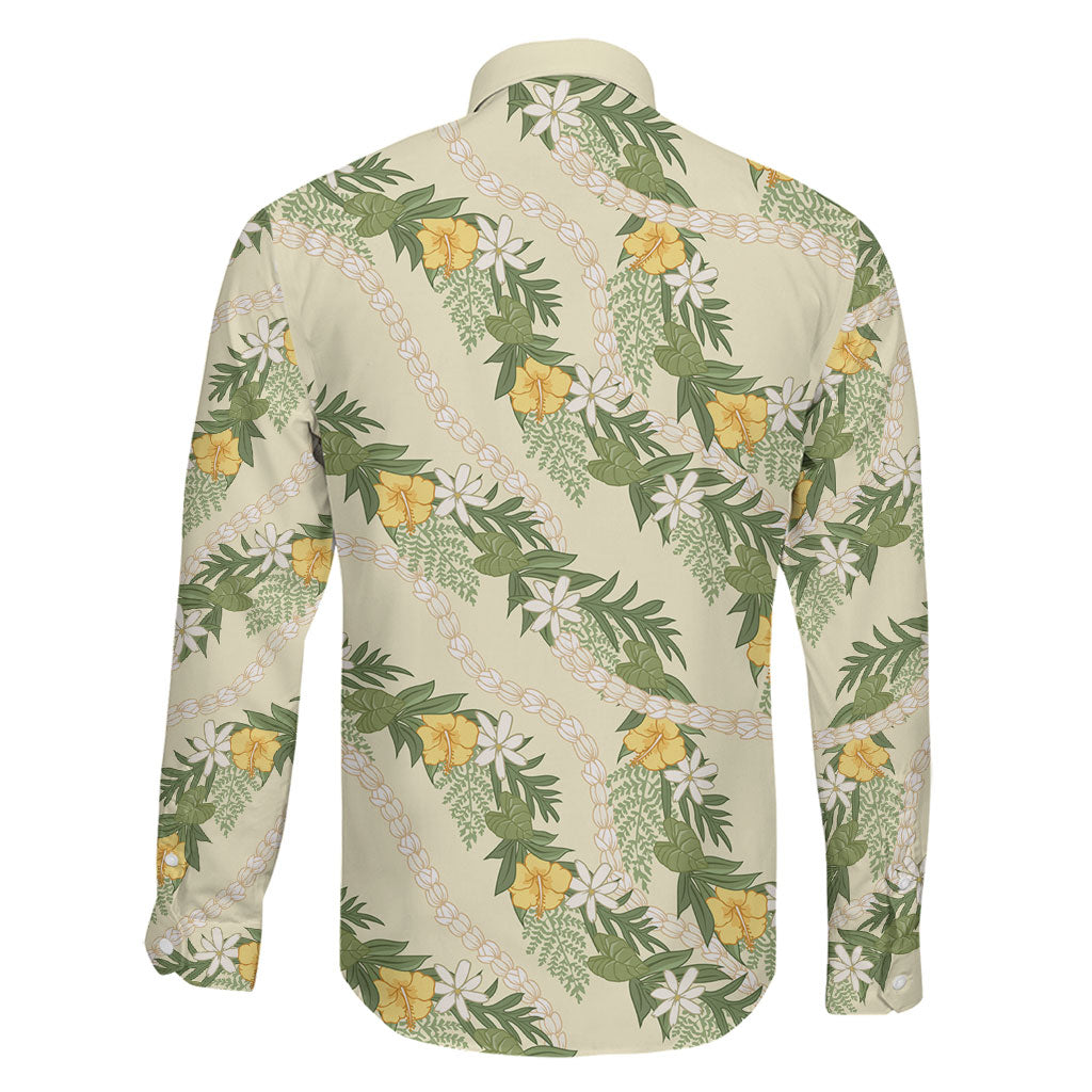 Hawaiian Pikake Maile Lei Family Matching Summer Maxi Dress and Hawaiian Shirt Tiare Hibiscus Kalo Palapalai Leaf Beige
