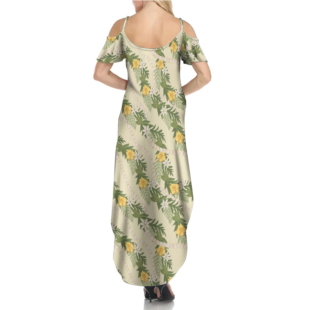Hawaiian Pikake Maile Lei Family Matching Summer Maxi Dress and Hawaiian Shirt Tiare Hibiscus Kalo Palapalai Leaf Beige