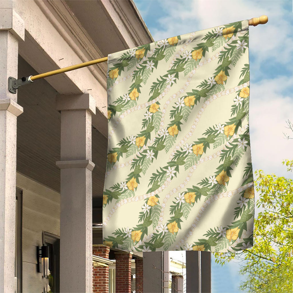 Hawaiian Pikake Maile Lei Garden Flag Tiare Hibiscus Kalo Palapalai Leaf Beige