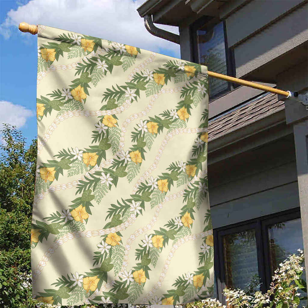Hawaiian Pikake Maile Lei Garden Flag Tiare Hibiscus Kalo Palapalai Leaf Beige LT19 - Polynesian Pride