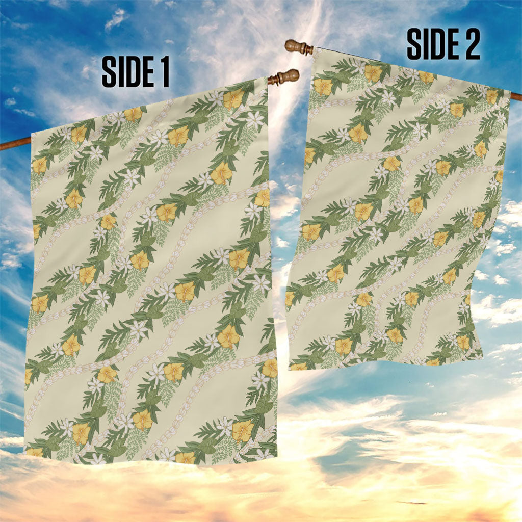 Hawaiian Pikake Maile Lei Garden Flag Tiare Hibiscus Kalo Palapalai Leaf Beige LT19 - Polynesian Pride