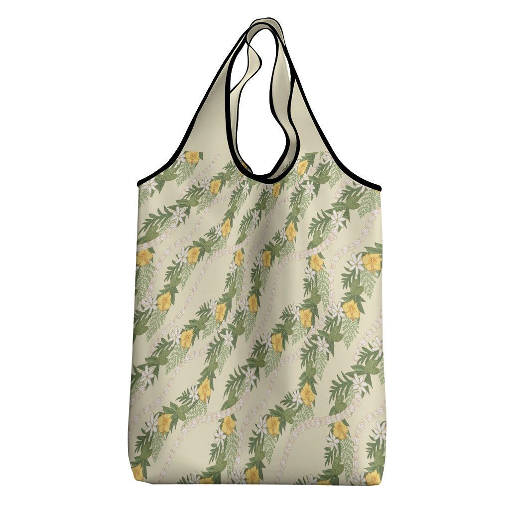 Hawaiian Pikake Maile Lei Grocery Bag Tiare Hibiscus Kalo Palapalai Leaf Beige
