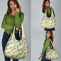Hawaiian Pikake Maile Lei Grocery Bag Tiare Hibiscus Kalo Palapalai Leaf Beige