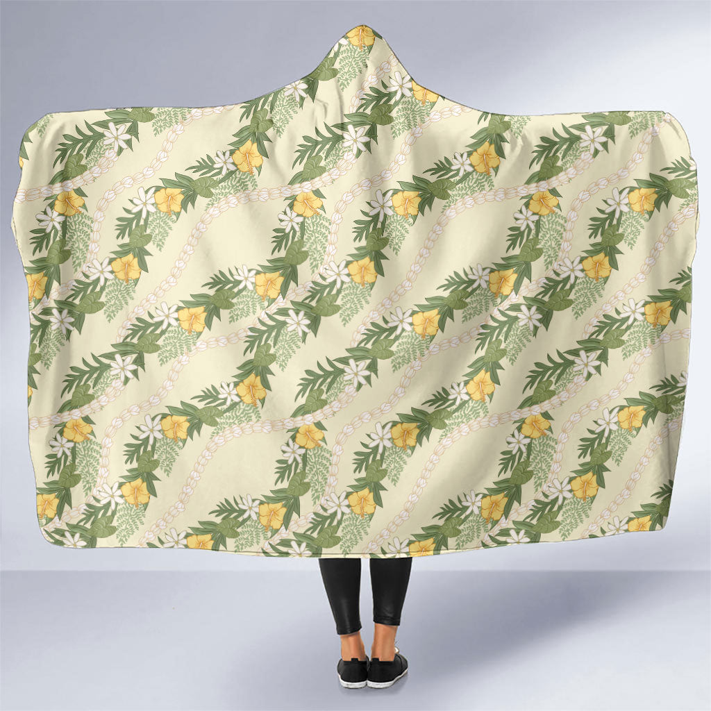 Hawaiian Pikake Maile Lei Hooded Blanket Tiare Hibiscus Kalo Palapalai Leaf Beige LT19 One Size Beige - Polynesian Pride