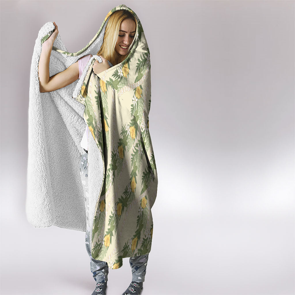 Hawaiian Pikake Maile Lei Hooded Blanket Tiare Hibiscus Kalo Palapalai Leaf Beige LT19 - Polynesian Pride