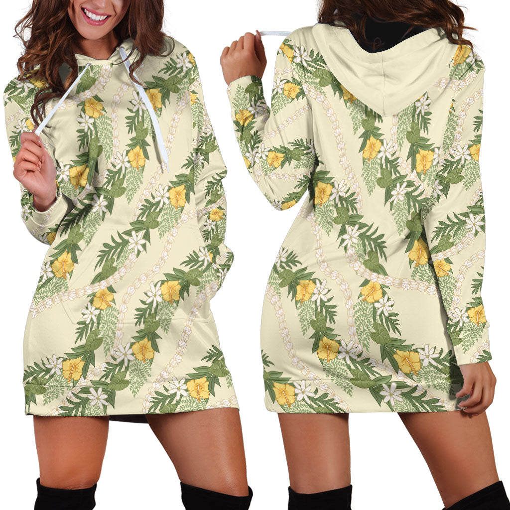 Hawaiian Pikake Maile Lei Hoodie Dress Tiare Hibiscus Kalo Palapalai Leaf Beige