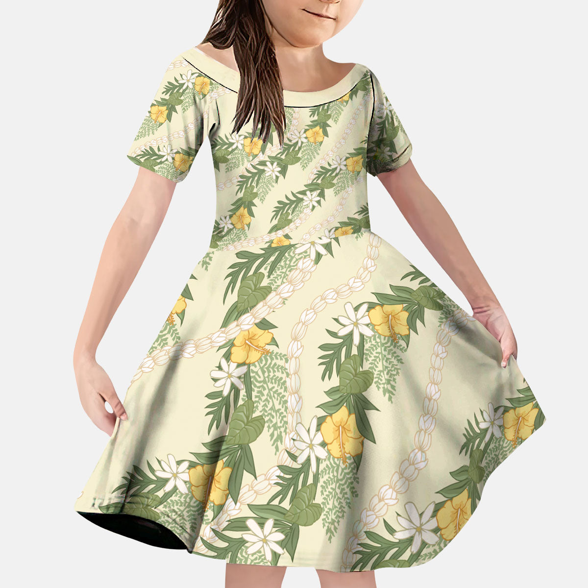 Hawaiian Pikake Maile Lei Kid Short Sleeve Dress Tiare Hibiscus Kalo Palapalai Leaf Beige LT19 KID Beige - Polynesian Pride