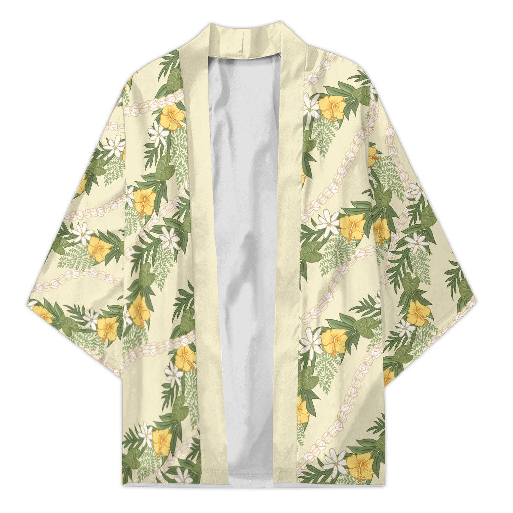 Hawaiian Pikake Maile Lei Kimono Tiare Hibiscus Kalo Palapalai Leaf Beige LT19 Unisex Beige - Polynesian Pride