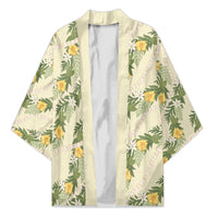 Hawaiian Pikake Maile Lei Kimono Tiare Hibiscus Kalo Palapalai Leaf Beige LT19 Unisex Beige - Polynesian Pride