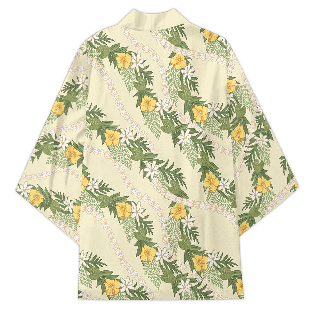 Hawaiian Pikake Maile Lei Kimono Tiare Hibiscus Kalo Palapalai Leaf Beige LT19 - Polynesian Pride