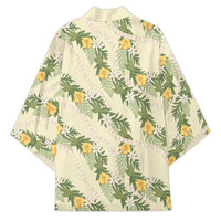 Hawaiian Pikake Maile Lei Kimono Tiare Hibiscus Kalo Palapalai Leaf Beige LT19 - Polynesian Pride