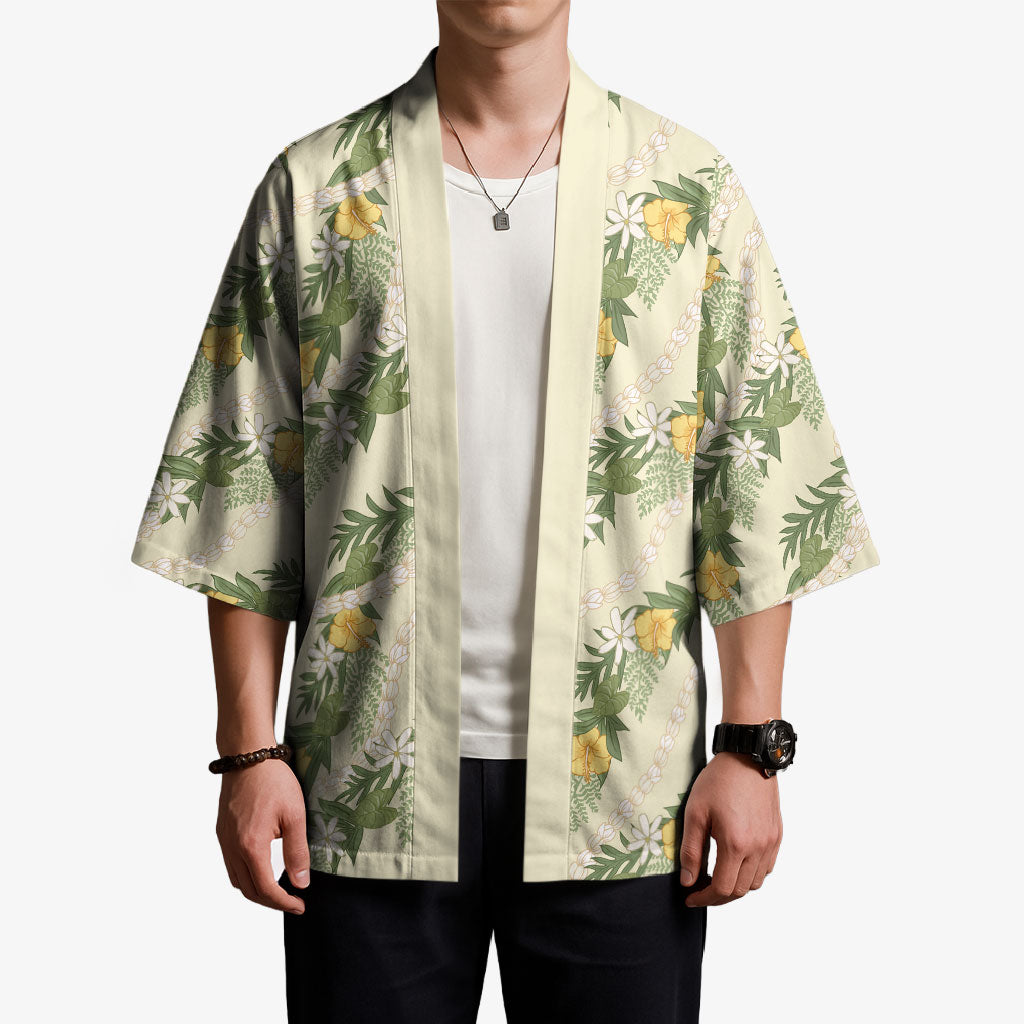 Hawaiian Pikake Maile Lei Kimono Tiare Hibiscus Kalo Palapalai Leaf Beige LT19 - Polynesian Pride