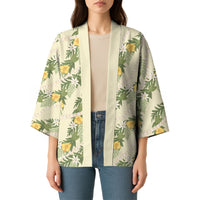 Hawaiian Pikake Maile Lei Kimono Tiare Hibiscus Kalo Palapalai Leaf Beige LT19 - Polynesian Pride
