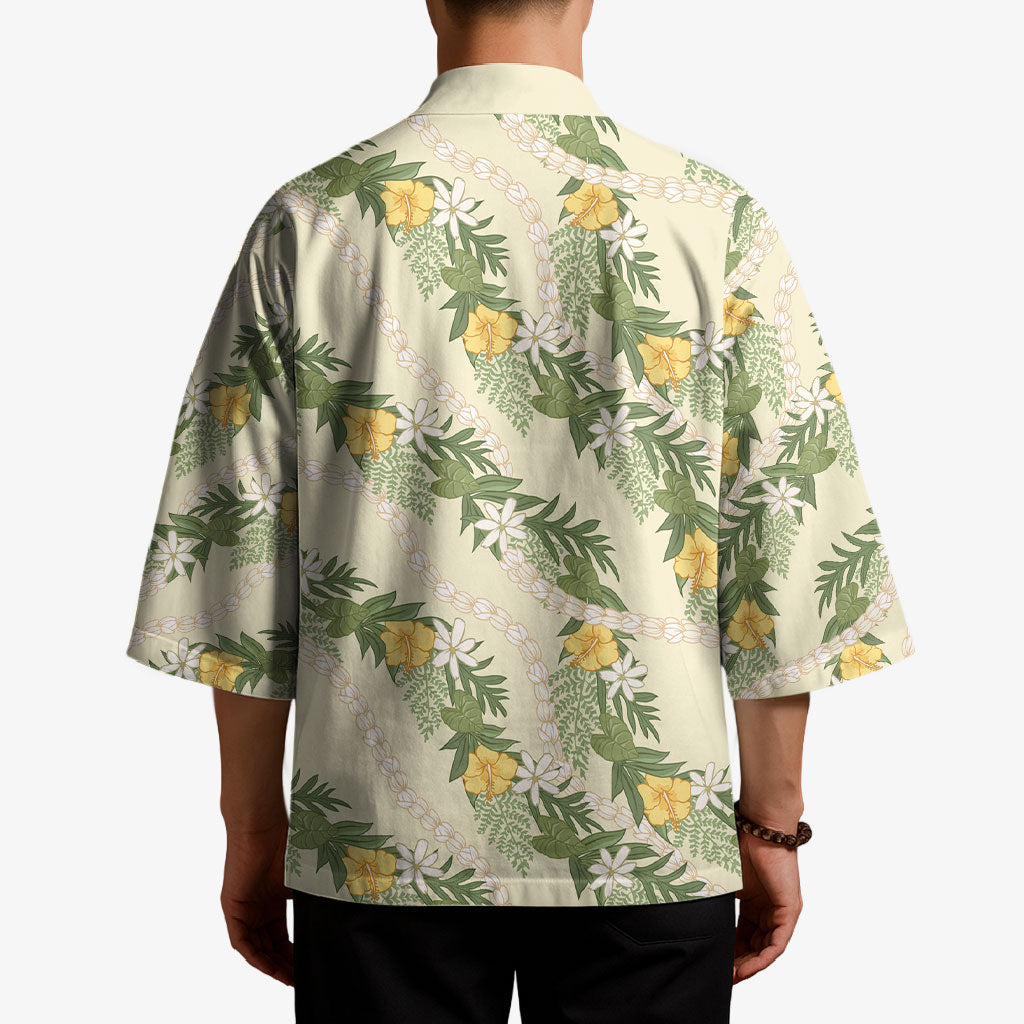 Hawaiian Pikake Maile Lei Kimono Tiare Hibiscus Kalo Palapalai Leaf Beige LT19 - Polynesian Pride