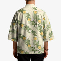 Hawaiian Pikake Maile Lei Kimono Tiare Hibiscus Kalo Palapalai Leaf Beige LT19 - Polynesian Pride