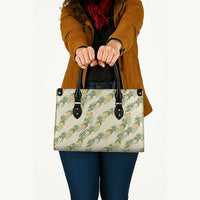 Hawaiian Pikake Maile Lei Leather Bag Tiare Hibiscus Kalo Palapalai Leaf Beige