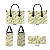 Hawaiian Pikake Maile Lei Leather Bag Tiare Hibiscus Kalo Palapalai Leaf Beige