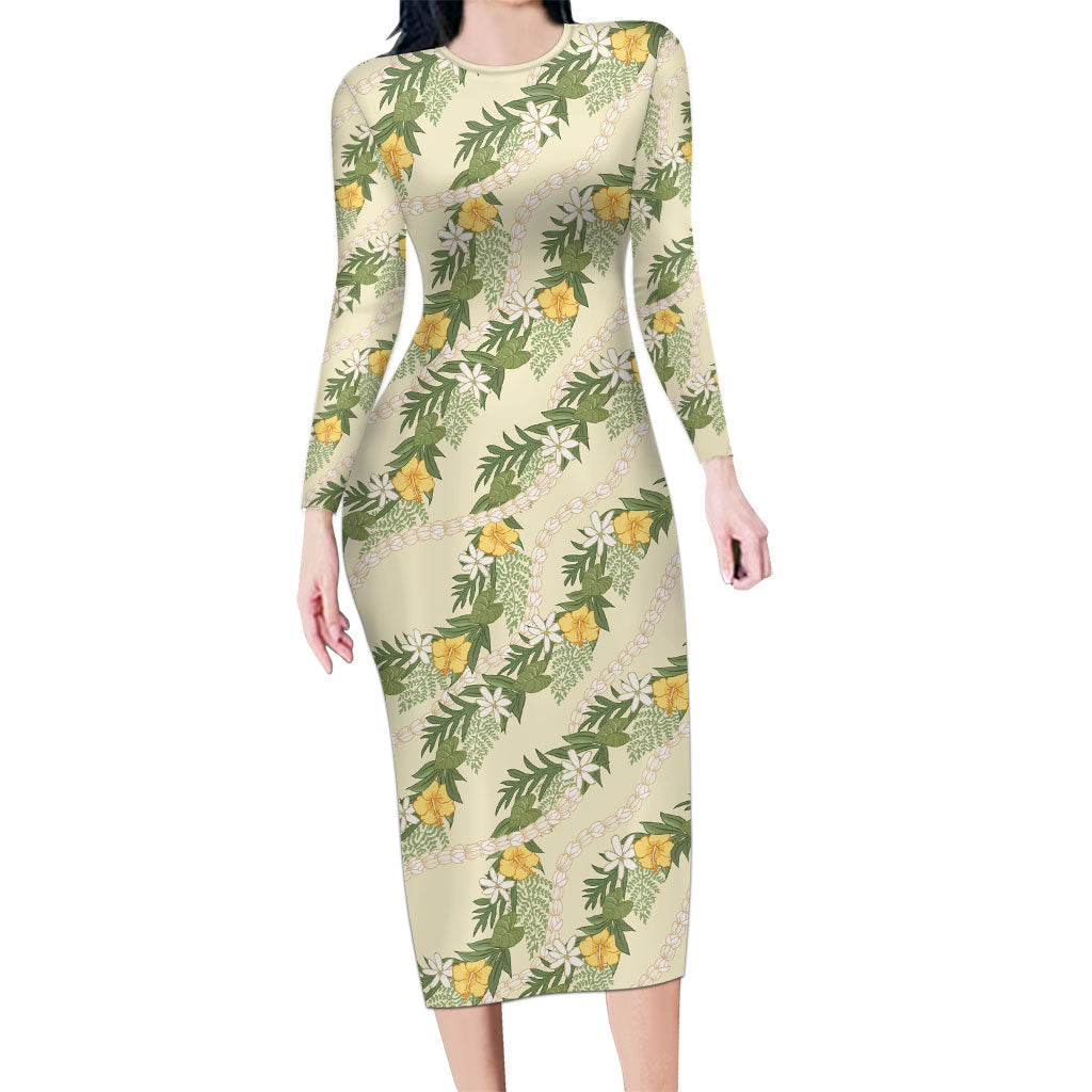Hawaiian Pikake Maile Lei Long Sleeve Bodycon Dress Tiare Hibiscus Kalo Palapalai Leaf Beige LT19 Long Dress Beige - Polynesian Pride