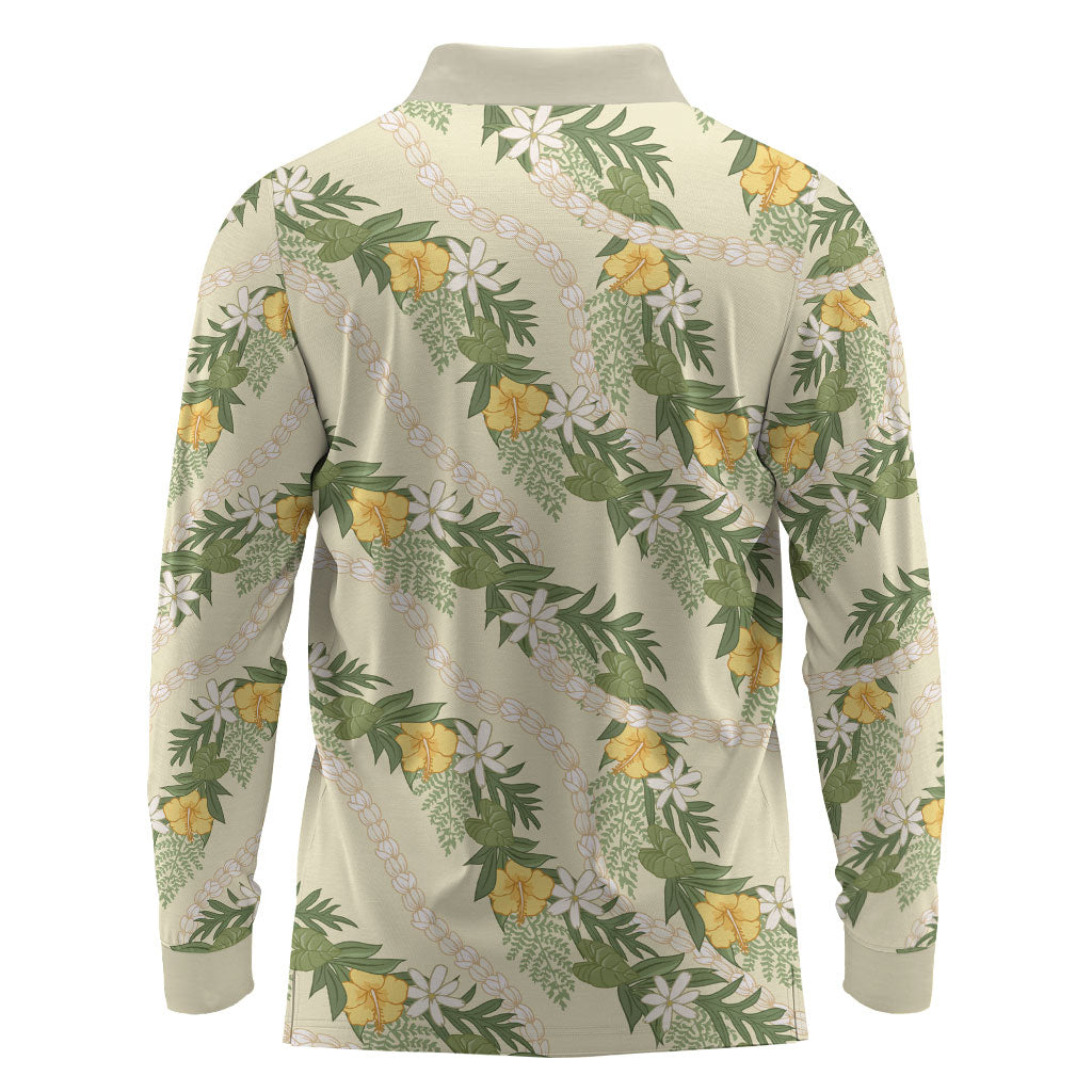 Hawaiian Pikake Maile Lei Long Sleeve Polo Shirt Tiare Hibiscus Kalo Palapalai Leaf Beige