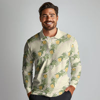 Hawaiian Pikake Maile Lei Long Sleeve Polo Shirt Tiare Hibiscus Kalo Palapalai Leaf Beige