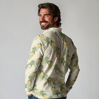 Hawaiian Pikake Maile Lei Long Sleeve Polo Shirt Tiare Hibiscus Kalo Palapalai Leaf Beige