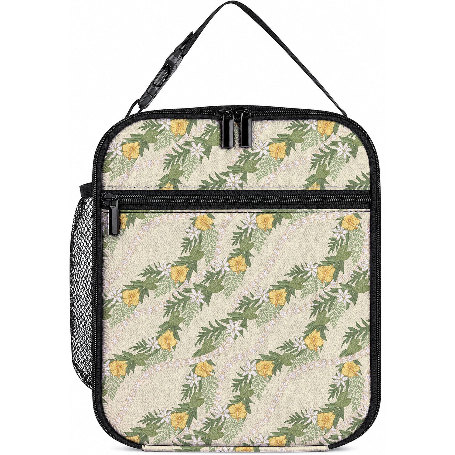 Hawaiian Pikake Maile Lei Lunch Bag Tiare Hibiscus Kalo Palapalai Leaf Beige LT19 10.2 × 8.3 × 4.3 inch Beige - Polynesian Pride
