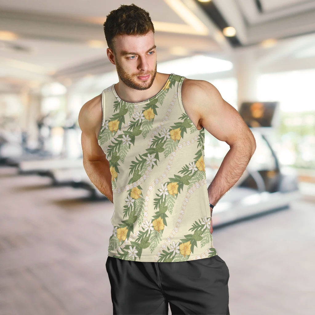 Hawaiian Pikake Maile Lei Men Tank Top Tiare Hibiscus Kalo Palapalai Leaf Beige