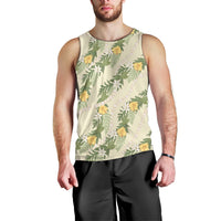 Hawaiian Pikake Maile Lei Men Tank Top Tiare Hibiscus Kalo Palapalai Leaf Beige