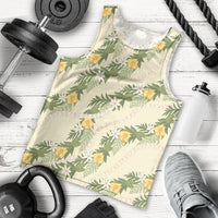 Hawaiian Pikake Maile Lei Men Tank Top Tiare Hibiscus Kalo Palapalai Leaf Beige