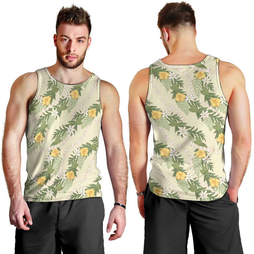 Hawaiian Pikake Maile Lei Men Tank Top Tiare Hibiscus Kalo Palapalai Leaf Beige