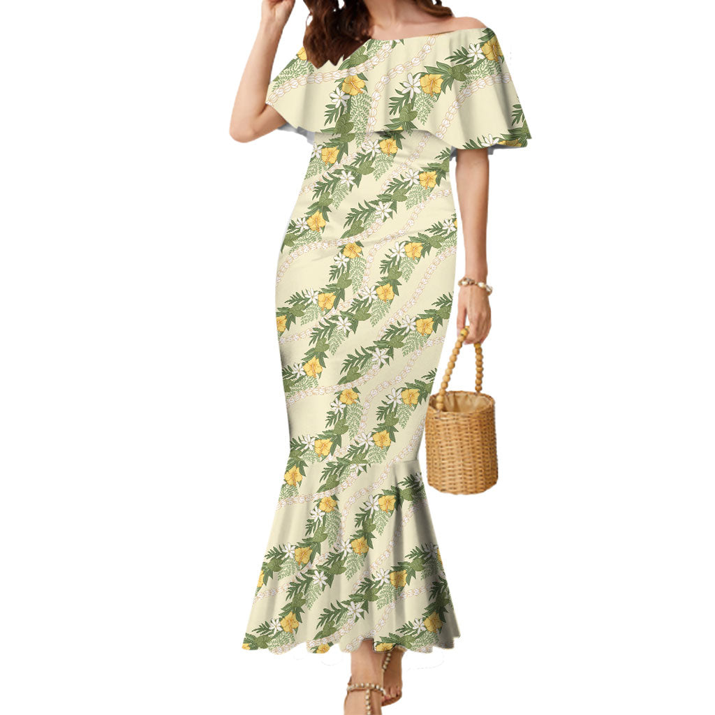 Hawaiian Pikake Maile Lei Mermaid Dress Tiare Hibiscus Kalo Palapalai Leaf Beige LT19 Women Beige - Polynesian Pride