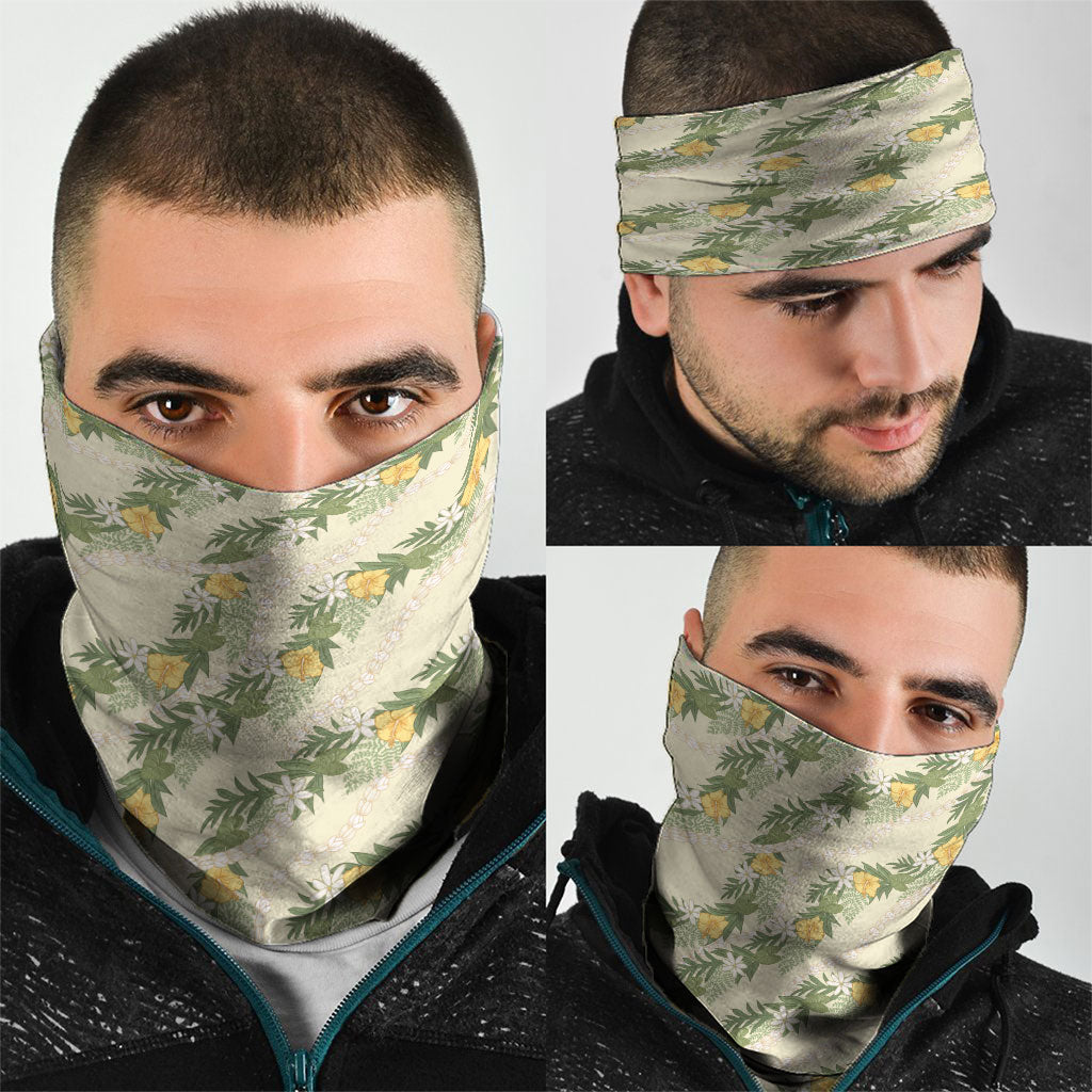 Hawaiian Pikake Maile Lei Neck Gaiter Tiare Hibiscus Kalo Palapalai Leaf Beige LT19 - Polynesian Pride