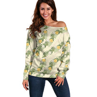 Hawaiian Pikake Maile Lei Off Shoulder Sweater Tiare Hibiscus Kalo Palapalai Leaf Beige LT19 Women Beige - Polynesian Pride