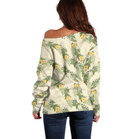 Hawaiian Pikake Maile Lei Off Shoulder Sweater Tiare Hibiscus Kalo Palapalai Leaf Beige LT19 - Polynesian Pride