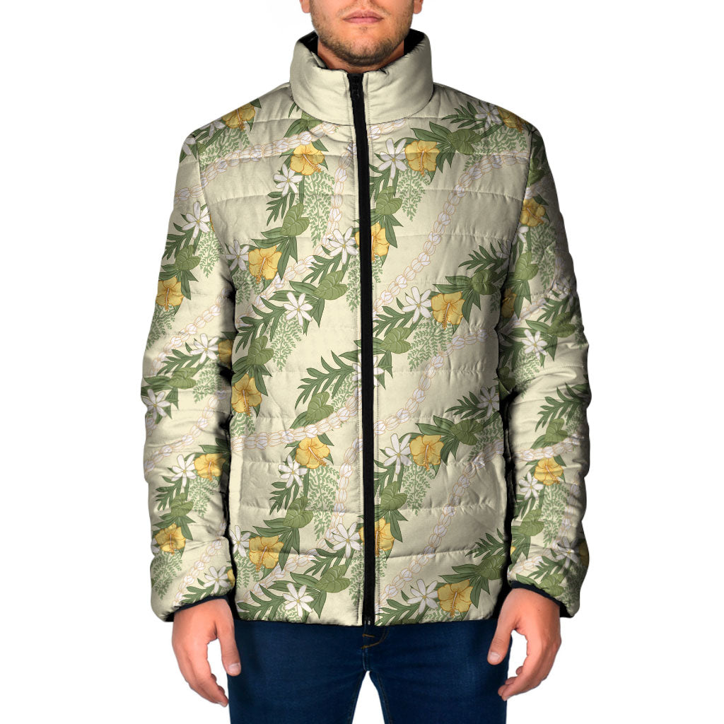 Hawaiian Pikake Maile Lei Padded Jacket Tiare Hibiscus Kalo Palapalai Leaf Beige LT19 Men Beige - Polynesian Pride