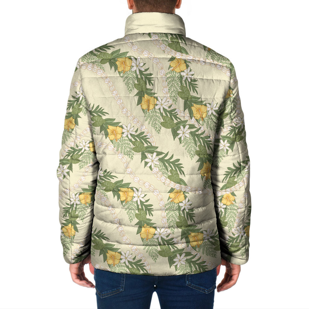 Hawaiian Pikake Maile Lei Padded Jacket Tiare Hibiscus Kalo Palapalai Leaf Beige LT19 - Polynesian Pride