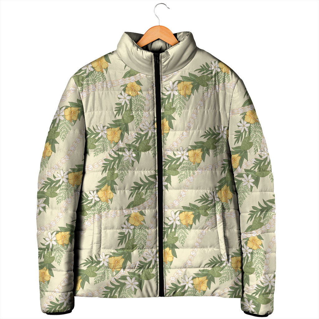 Hawaiian Pikake Maile Lei Padded Jacket Tiare Hibiscus Kalo Palapalai Leaf Beige LT19 - Polynesian Pride