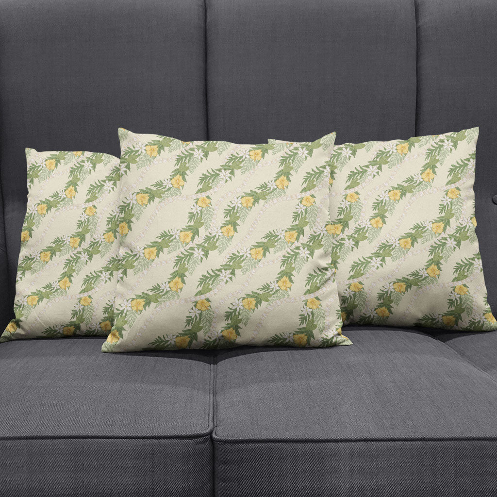Hawaiian Pikake Maile Lei Pillow Cover Tiare Hibiscus Kalo Palapalai Leaf Beige LT19 - Polynesian Pride