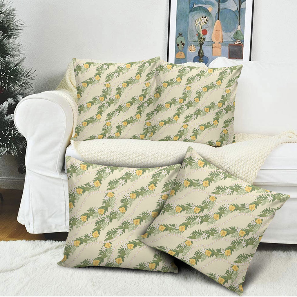 Hawaiian Pikake Maile Lei Pillow Cover Tiare Hibiscus Kalo Palapalai Leaf Beige LT19 - Polynesian Pride