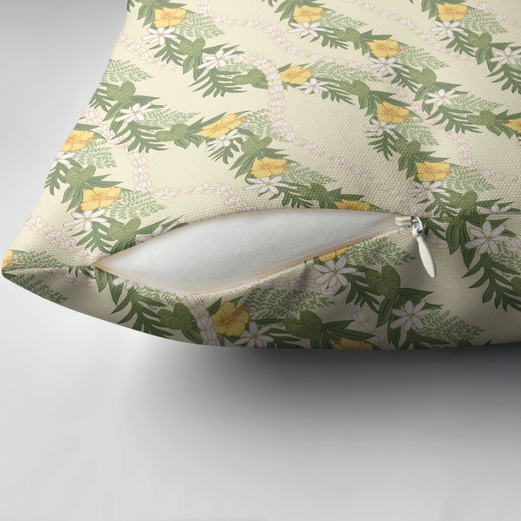 Hawaiian Pikake Maile Lei Pillow Cover Tiare Hibiscus Kalo Palapalai Leaf Beige LT19 - Polynesian Pride