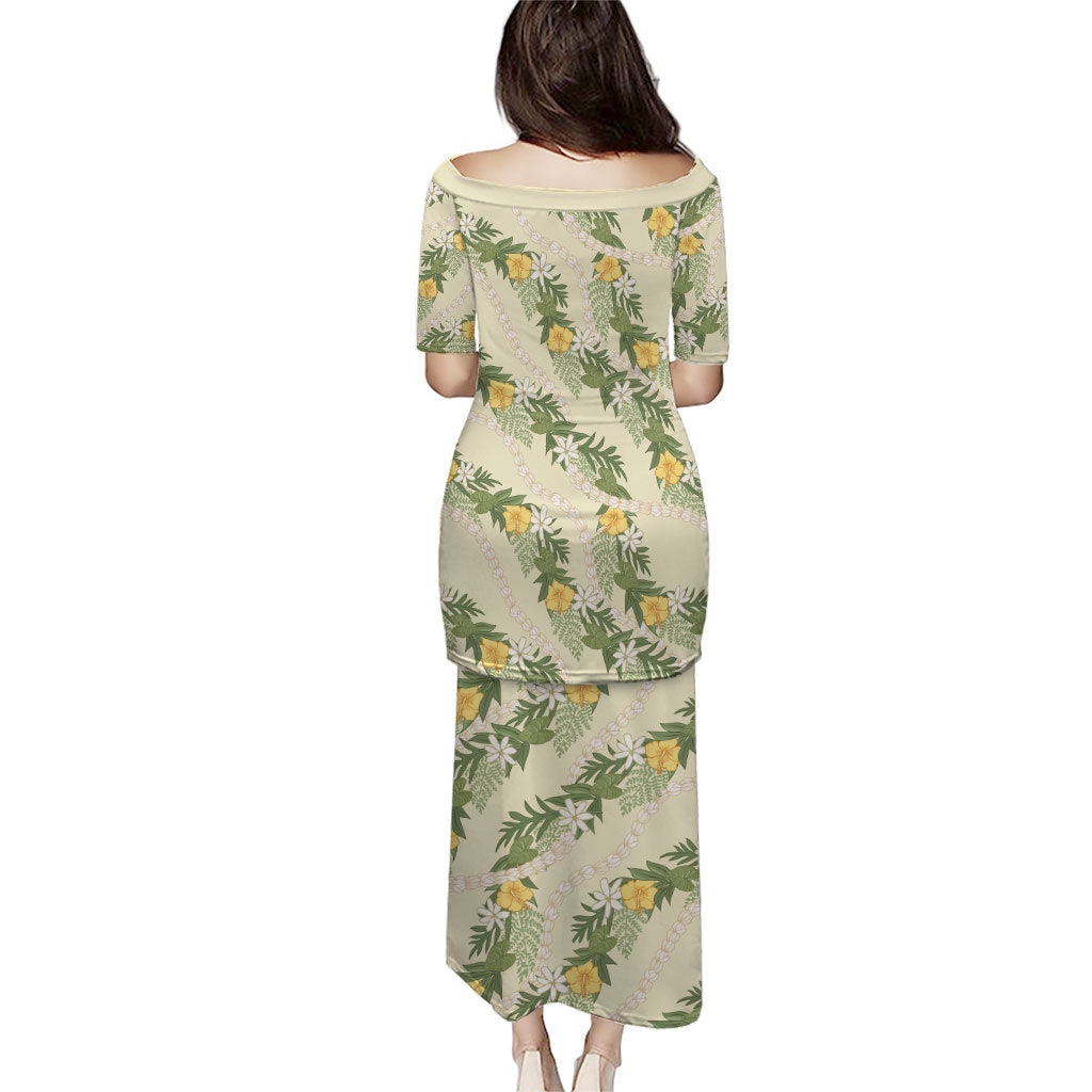 Hawaiian Pikake Maile Lei Puletasi Tiare Hibiscus Kalo Palapalai Leaf Beige LT19 - Polynesian Pride