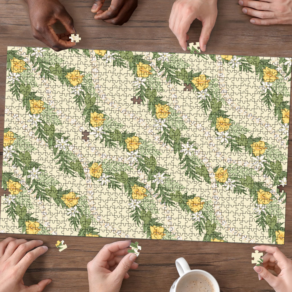 Hawaiian Pikake Maile Lei Puzzle Tiare Hibiscus Kalo Palapalai Leaf Beige LT19 - Polynesian Pride