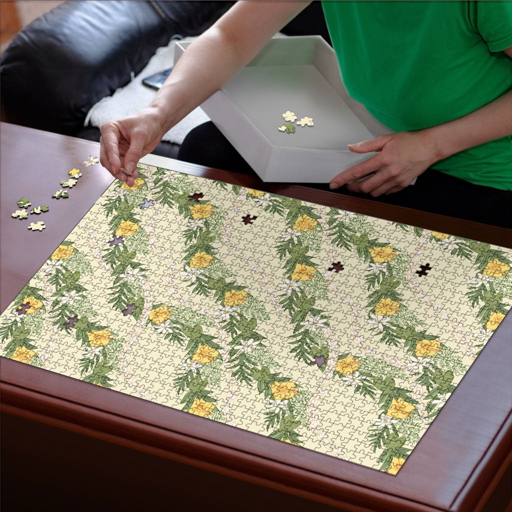 Hawaiian Pikake Maile Lei Puzzle Tiare Hibiscus Kalo Palapalai Leaf Beige LT19 - Polynesian Pride