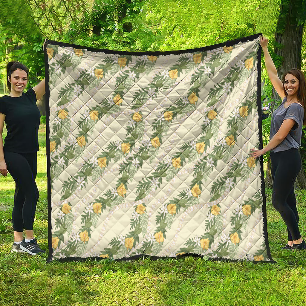 Hawaiian Pikake Maile Lei Quilt Tiare Hibiscus Kalo Palapalai Leaf Beige LT19 - Polynesian Pride