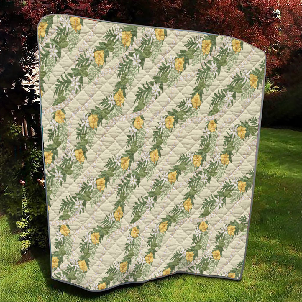 Hawaiian Pikake Maile Lei Quilt Tiare Hibiscus Kalo Palapalai Leaf Beige LT19 - Polynesian Pride