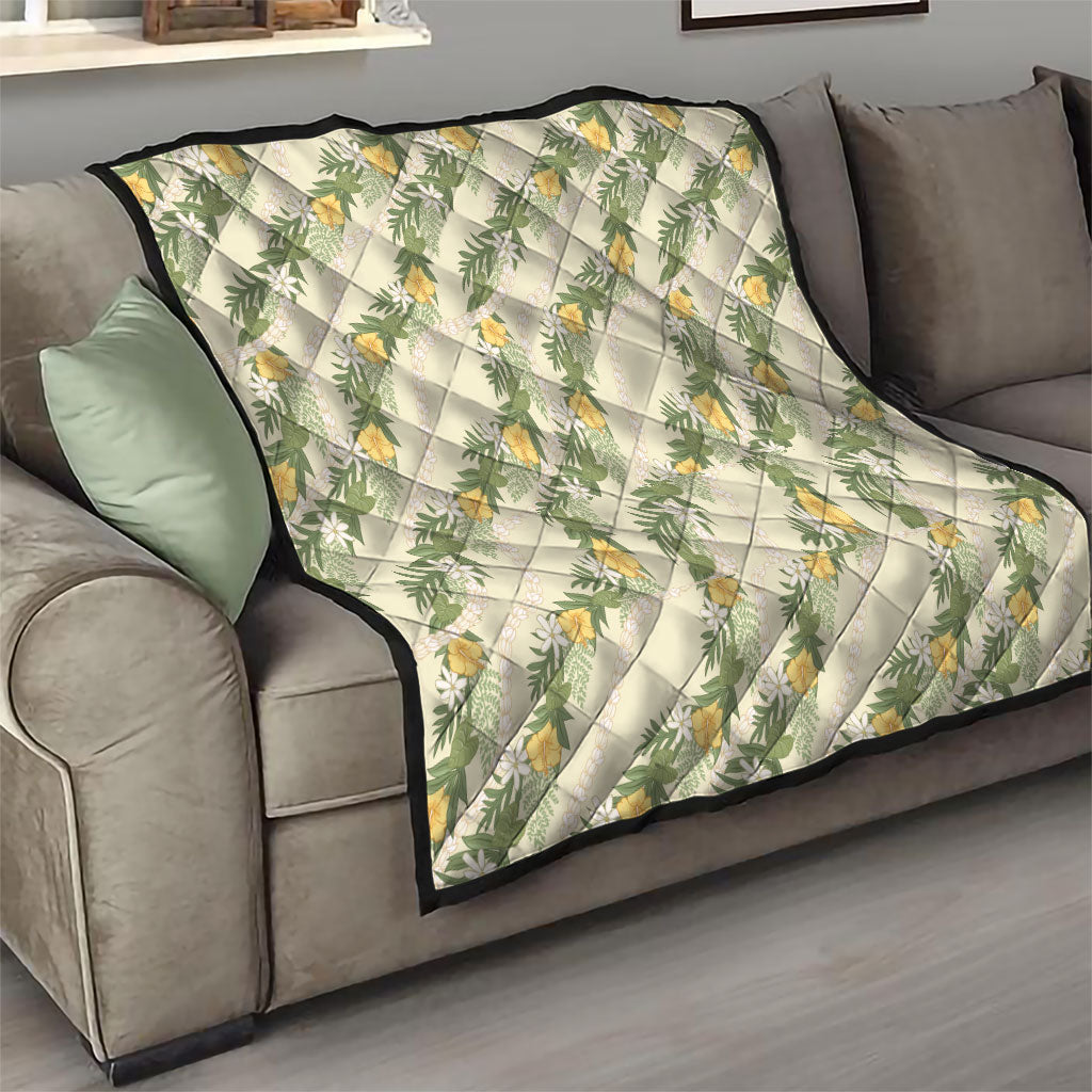 Hawaiian Pikake Maile Lei Quilt Tiare Hibiscus Kalo Palapalai Leaf Beige LT19 - Polynesian Pride